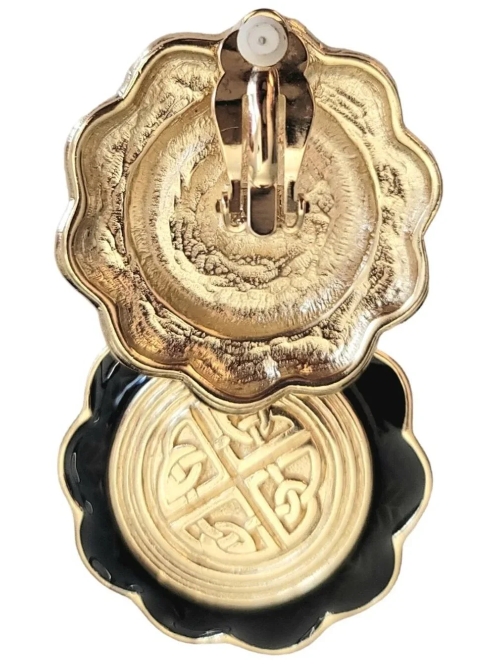 Gold Tone Black Enamel Celtic Knot Designer Style Clip-On Earrings, M549